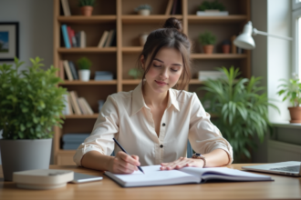 Jeune femme organisée dans son bureau moderne
