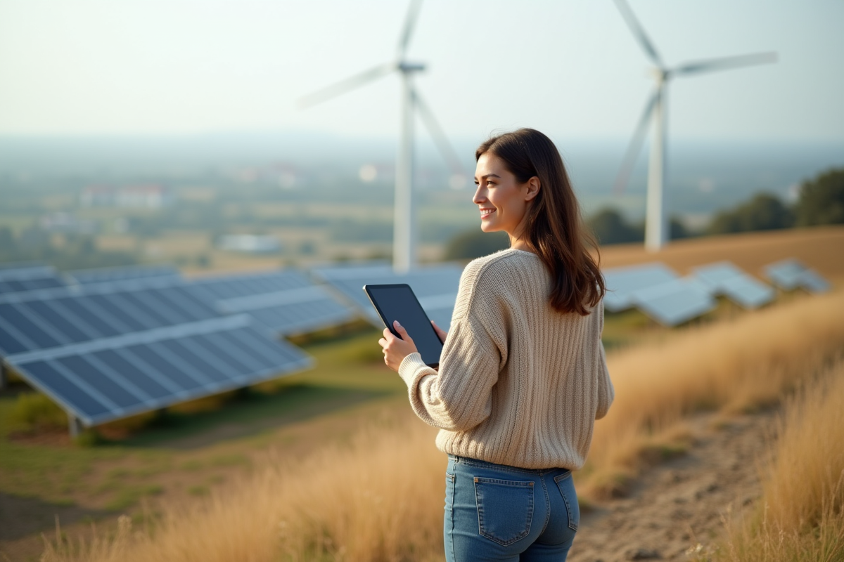 Jeune femme souriante avec tablette devant panneaux solaires