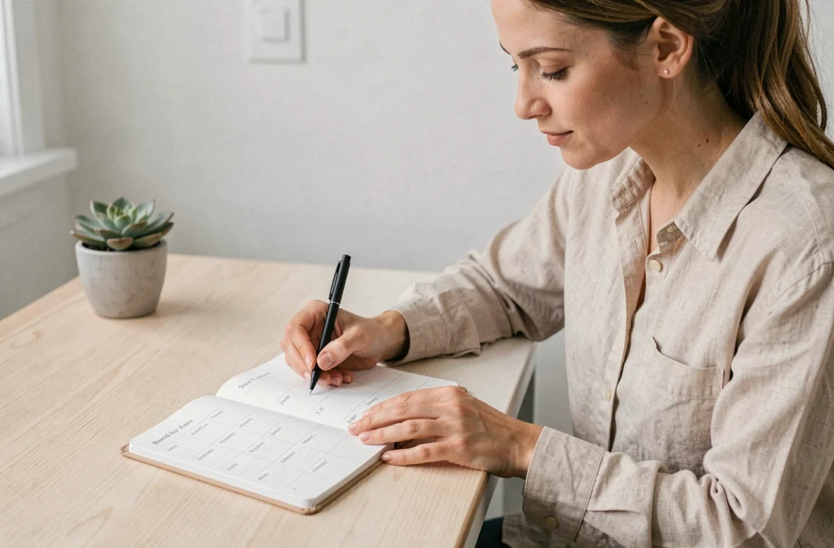 Femme écrivant dans un planning mensuel minimaliste imprimé posé sur un bureau en bois blanc, ambiance home office épurée