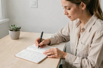 Femme écrivant dans un planning mensuel minimaliste imprimé posé sur un bureau en bois blanc, ambiance home office épurée