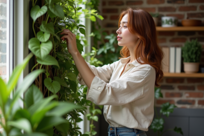 Jeune femme arrangeant des philodendrons sur un mur végétal intérieur