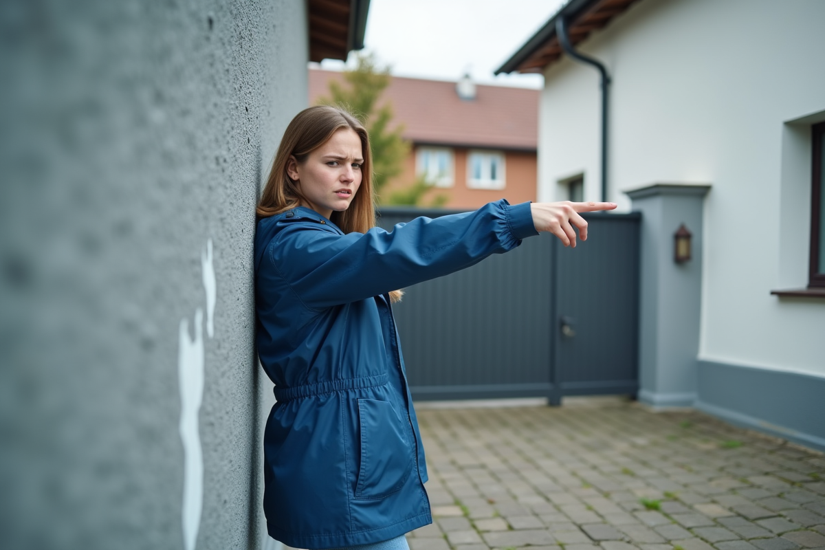 Jeune femme pointe des traces sur un mur en plâtre neuf