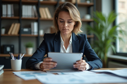 Femme professionnelle utilisant une tablette dans un bureau moderne