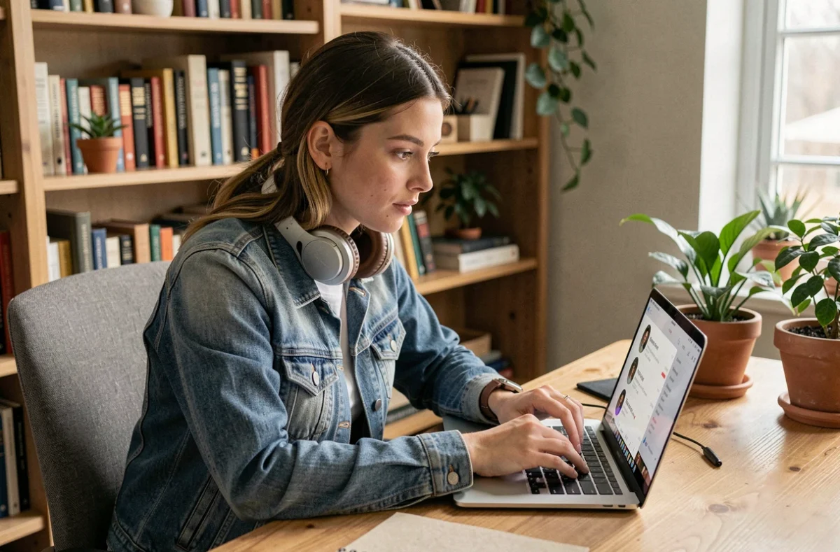 Jeune femme recherchant la signification de 'aj Les' sur une application de musique en streaming sur son ordinateur portable