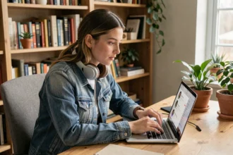 Jeune femme recherchant la signification de 'aj Les' sur une application de musique en streaming sur son ordinateur portable