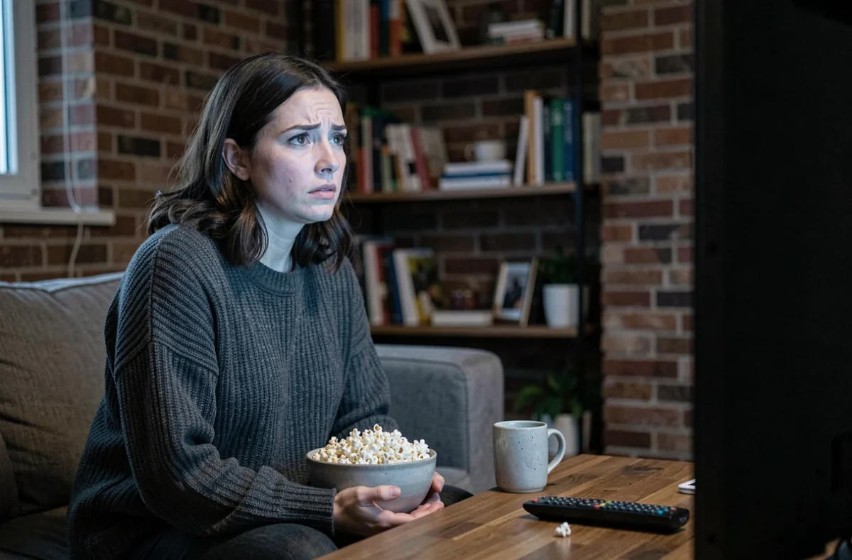 Femme regardant un film Netflix seule dans son salon, expression suspendue entre tension et fascination, atmosphère intimiste