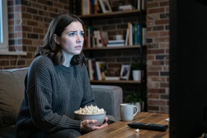 Femme regardant un film Netflix seule dans son salon, expression suspendue entre tension et fascination, atmosphère intimiste