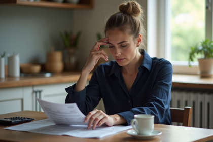 Femme réfléchissant à ses comptes dans la cuisine
