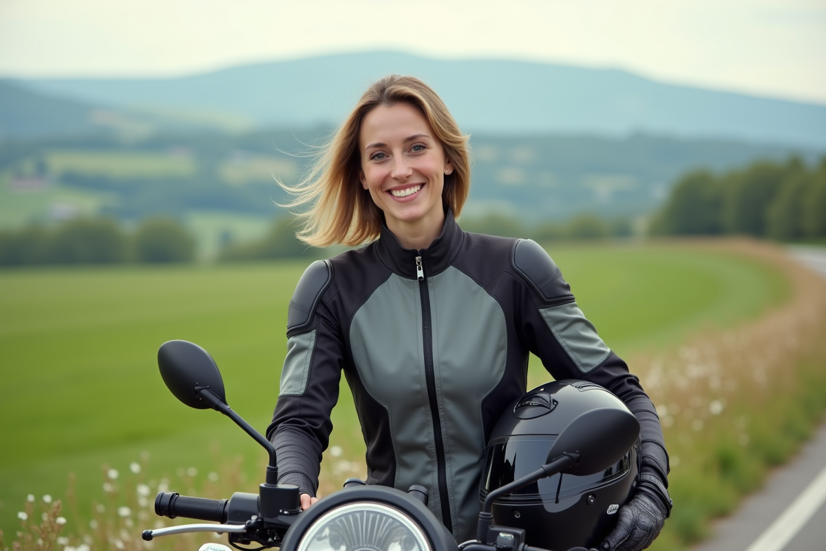 Femme souriante avec casque à côté de sa moto dans la campagne