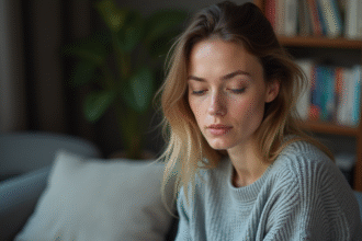 Femme en intérieur avec expression pensive et douce lumière