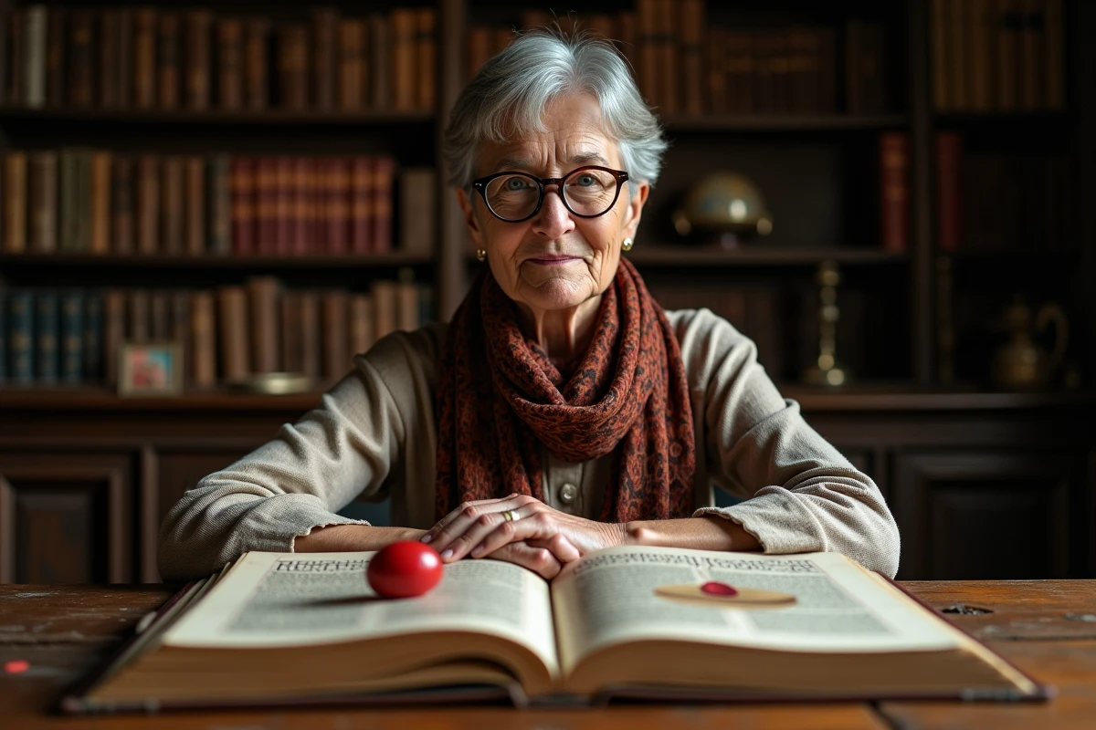 Femme érudite étudiant un livre illustré sur le Dofus Pourpre