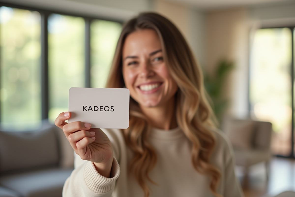 Femme souriante tenant une carte cadeau Kadeos Infini dans un salon lumineux
