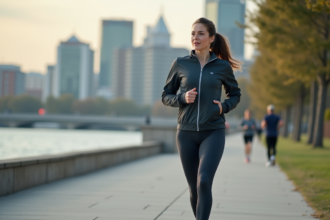 Femme sportive en ville marche confiante le long de la promenade