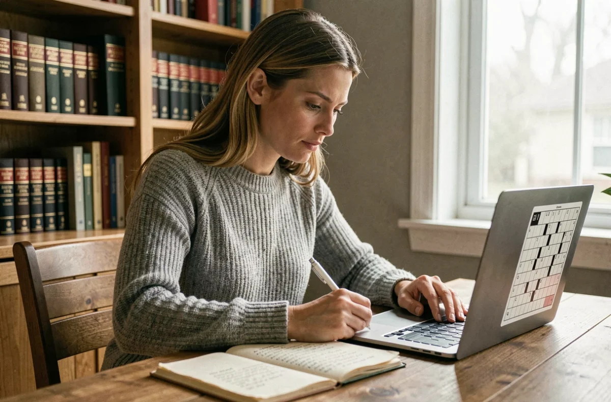 Femme concentrée résolvant le Pédantix du jour avec des notes manuscrites et un dictionnaire ouvert sur un bureau en bois