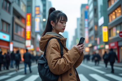 Jeune femme stylée dans la rue de Tokyo avec néons