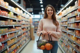 Femme souriante dans un supermarché avec panier rempli