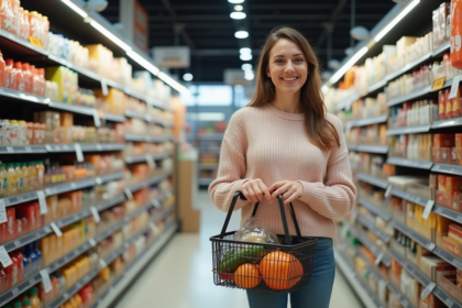 Femme souriante dans un supermarché avec panier rempli