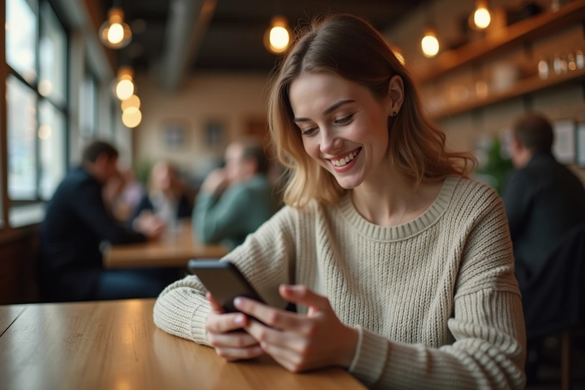 Femme souriante utilisant une application de tchat sur son smartphone dans un café, illustration du tchat Chérie FM pour faire des rencontres