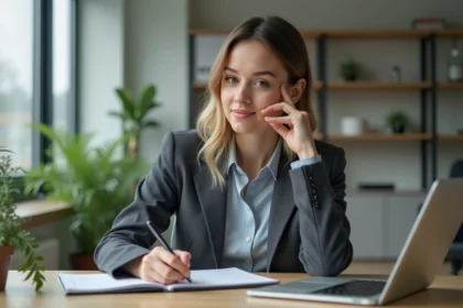 Femme concentrée travaillant dans un bureau moderne