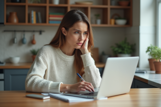 Femme concentrée travaillant sur un ordinateur dans une cuisine lumineuse