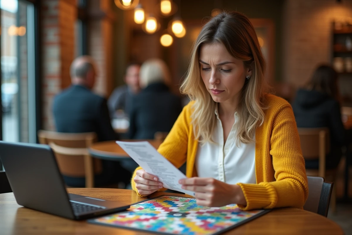 Femme consultant une liste officielle de mots Scrabble dans un café pour vérifier la validité du mot IN lors d'une partie