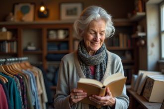 Femme vintage examine un livre dans une brocante chaleureuse