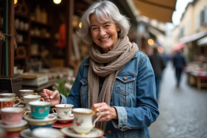 Femme souriante achetant des tasses vintage à Chambéry