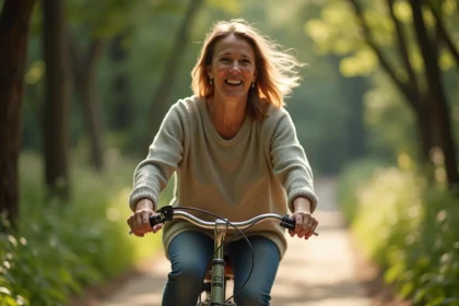 Femme joyeuse à vélo dans la forêt en été