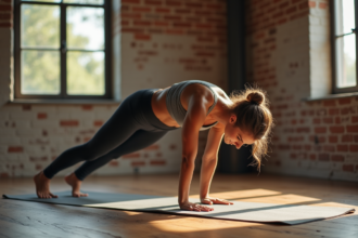 Femme en posture de yoga énergique dans un studio lumineux