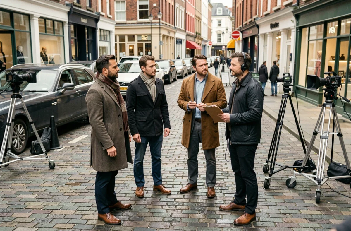 Figurants rémunérés sur un tournage en extérieur briefés par un assistant réalisateur dans une rue urbaine