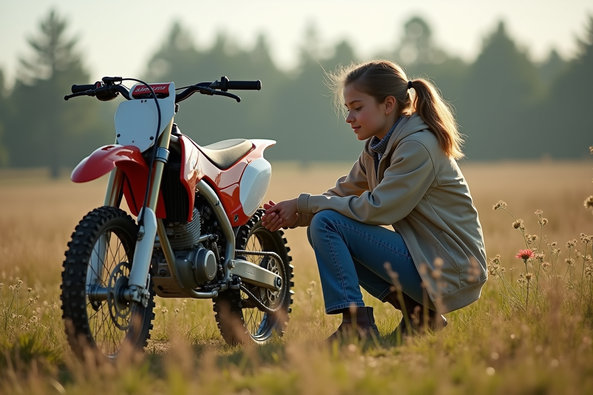 Fille en jeans et bottes ajuste une moto cross dans un paddock