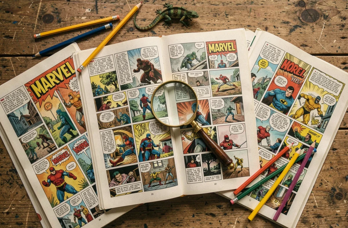 Flat lay de comics Marvel ouverts avec figurine caméléon et loupe vintage sur table en bois