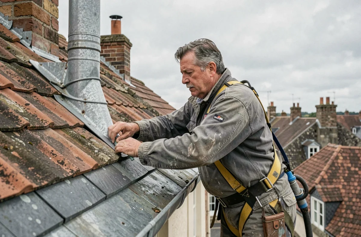 Un couvreur-plombier de Follain Couverture inspecte les gouttières en zinc et les raccordements de toiture sur une maison normande traditionnelle