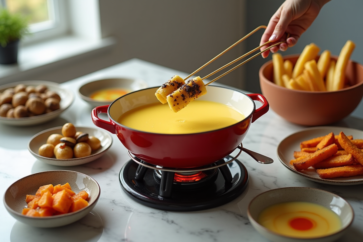 Préparations modernes de fondue avec légumes et sauces exotiques
