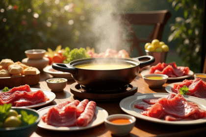 Scène de fondue bourguignonne avec viande et sauces colorées