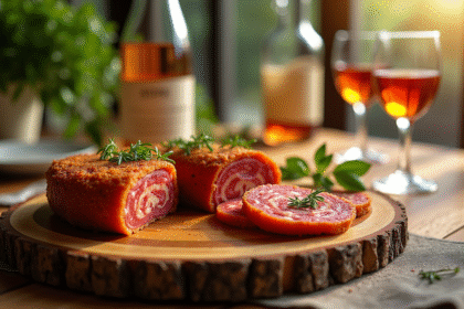 Gâteau de chorizo tranché sur planche en bois avec herbes et ambiance méditerranéenne