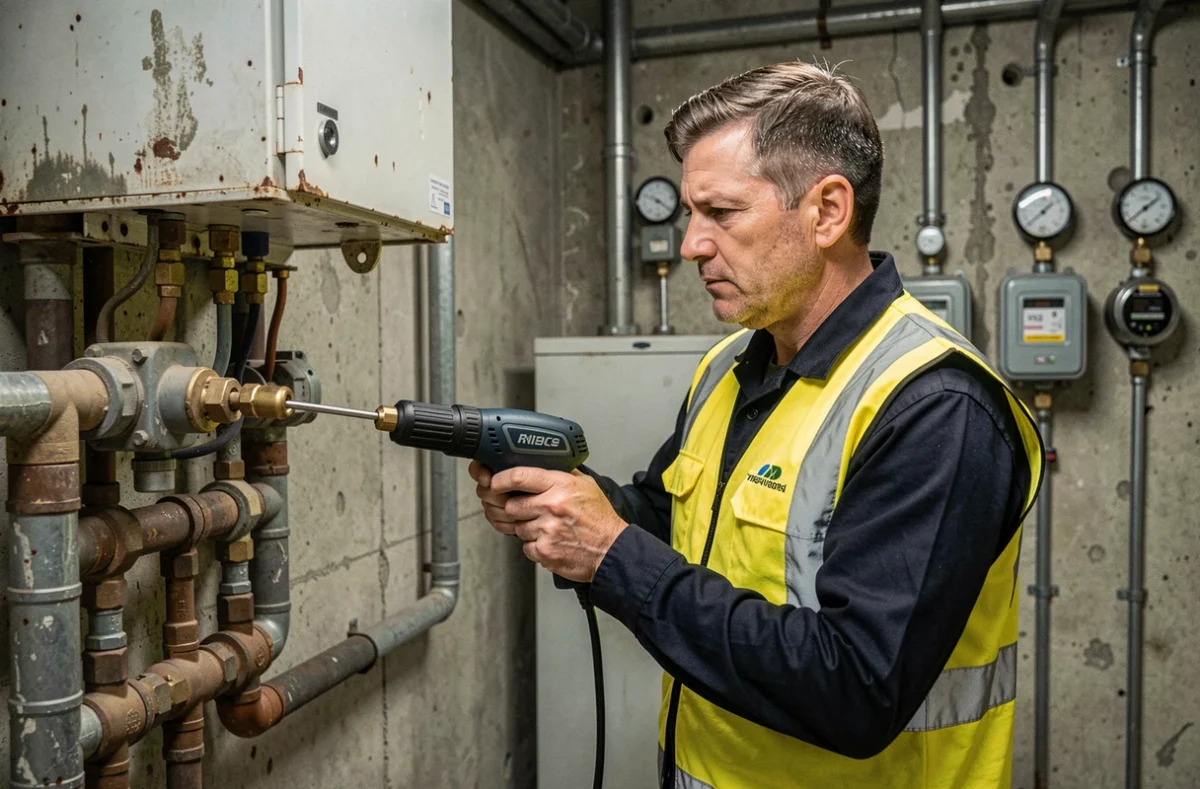 Un technicien de Gaz Technic' Expansion effectue une détection de fuite sur une installation de chaudière commerciale avec manomètres et vannes