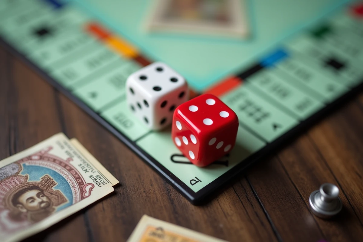 Gros plan sur des dés de Monopoly et des billets de jeu posés sur le plateau officiel