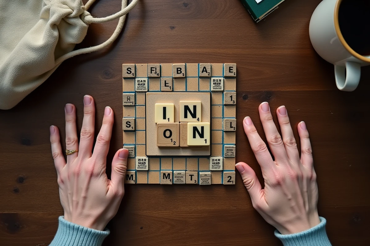 Gros plan sur les lettres I et N posées sur un plateau de Scrabble lors d'une partie, mot validé mais contesté entre joueurs