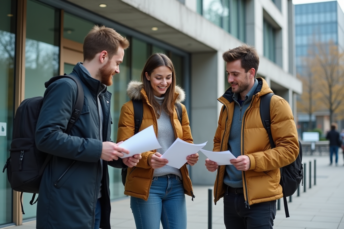 Trois étudiants devant une banque en train de consulter des documents