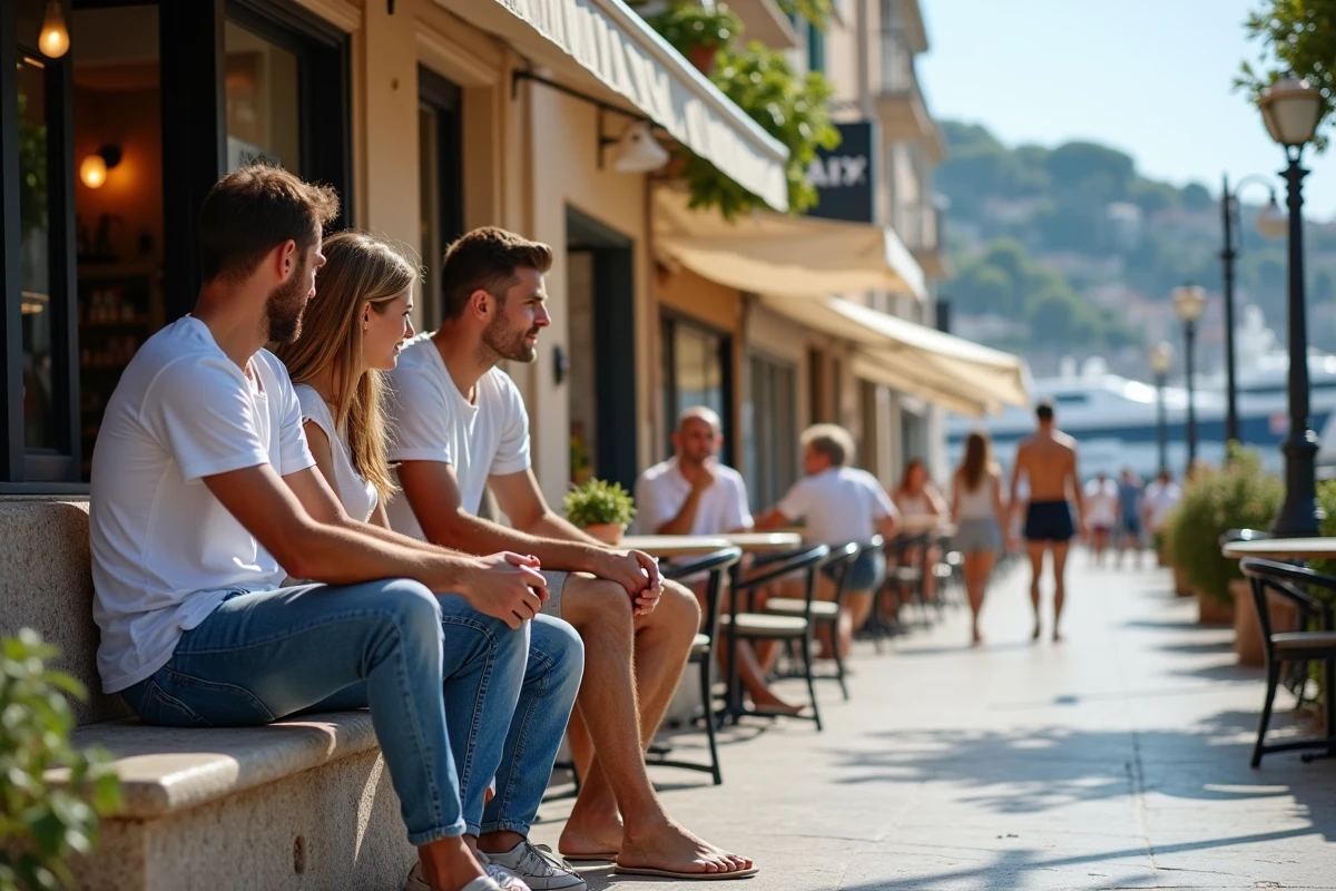 Groupe de jeunes discutant devant un café à Cannes