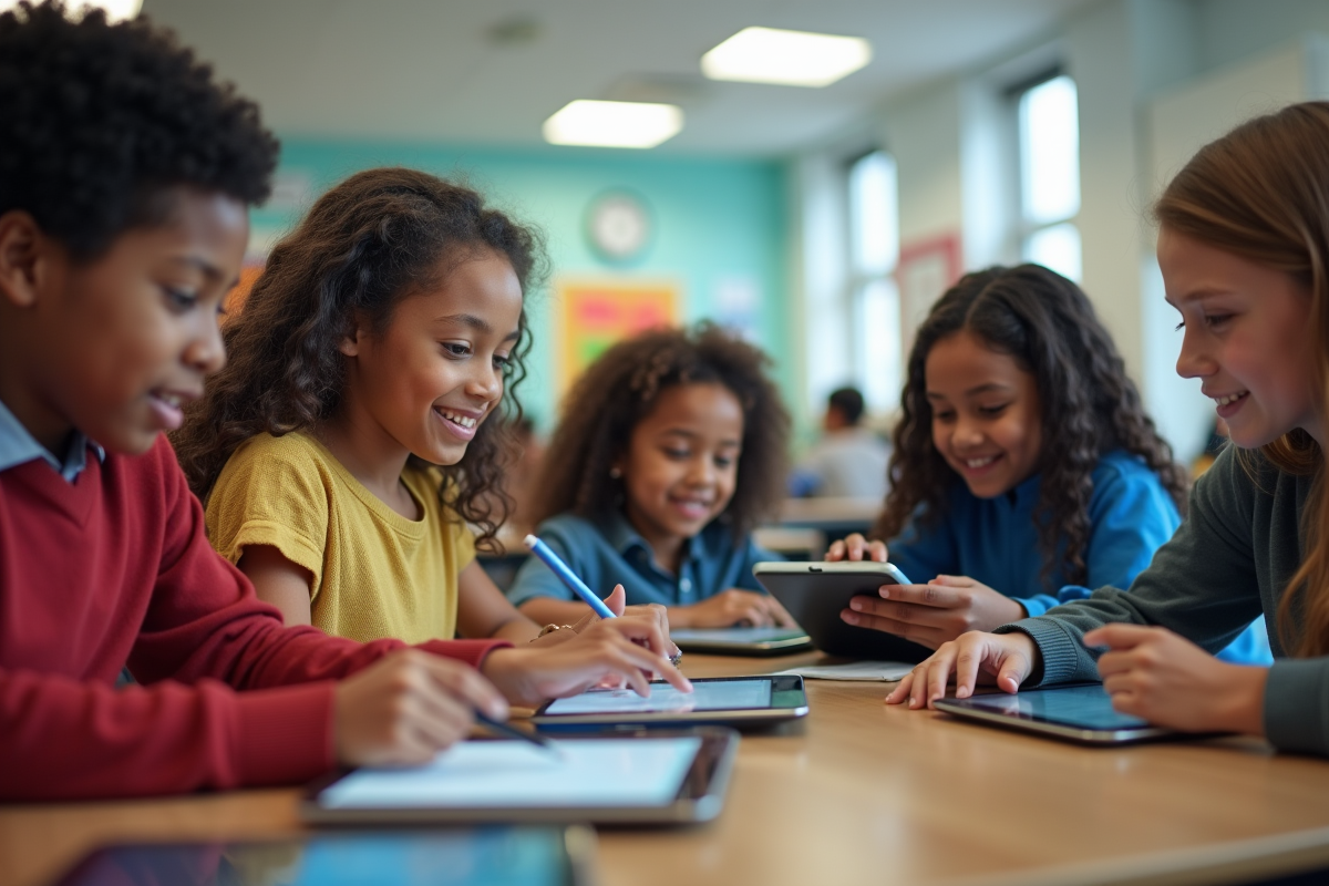 Groupe d'élèves et enseignants autour de tablettes numériques