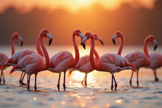 Groupe de flamants roses au lever du soleil dans l'eau