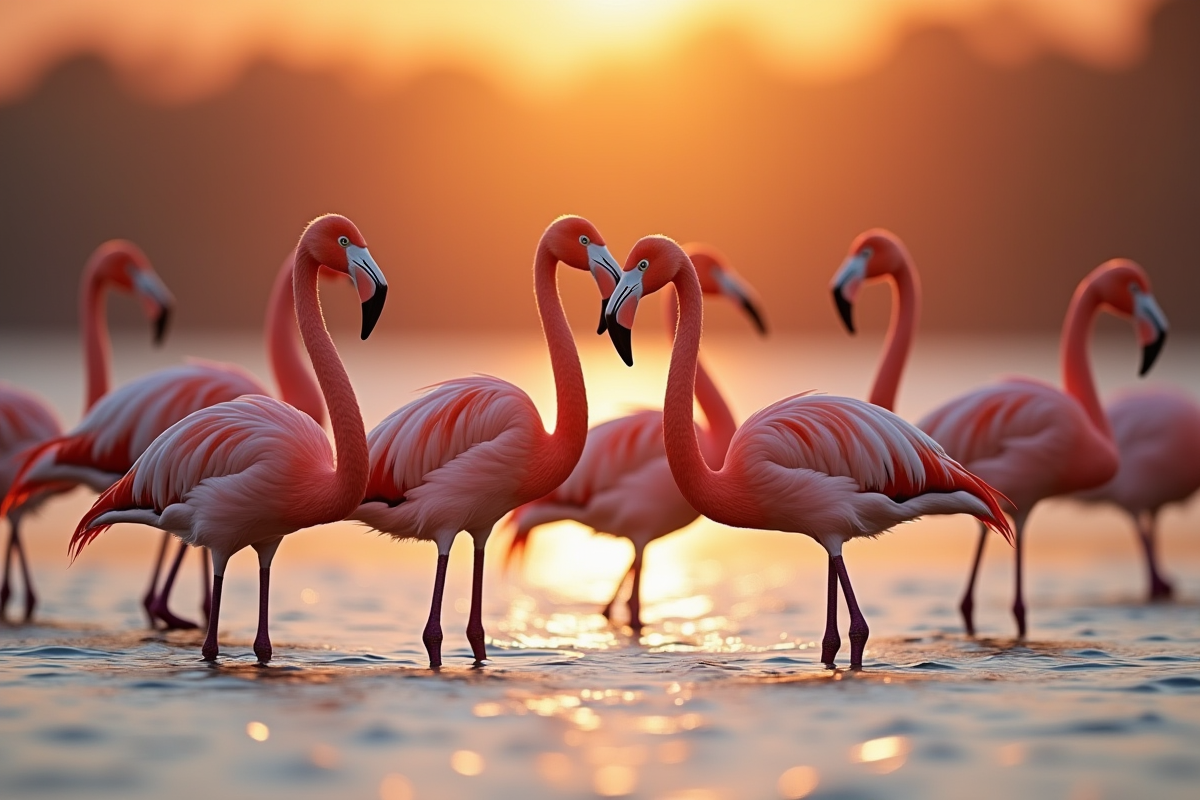Groupe de flamants roses au lever du soleil dans l'eau