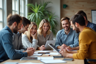 Groupe de professionnels souriants en réunion de travail