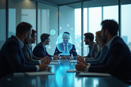 Groupe de professionnels discutant autour d une projection holographique d IA