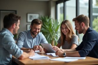 Groupe de quatre adultes souriants en réunion de travail