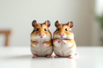 Deux hamsters côte à côte sur une table blanche