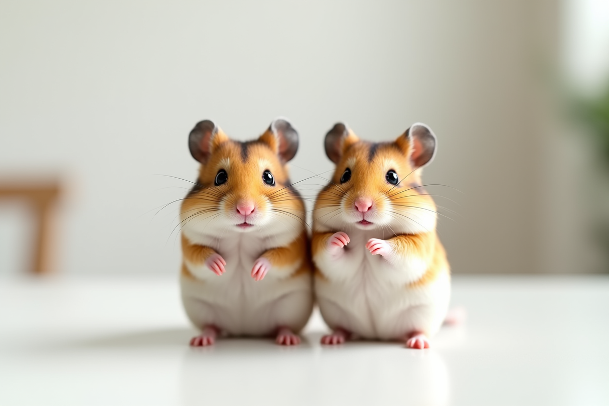 Deux hamsters côte à côte sur une table blanche