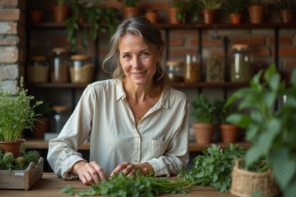 Herboriste femme arrangeant des herbes fraîches dans une boutique